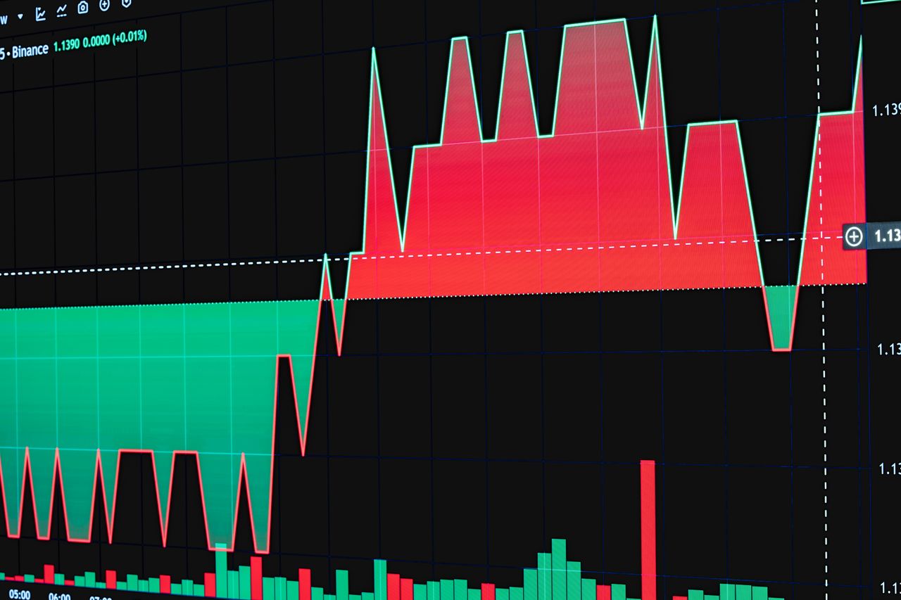 Home Dynamic trading chart showing cryptocurrency market trends with volume bars.